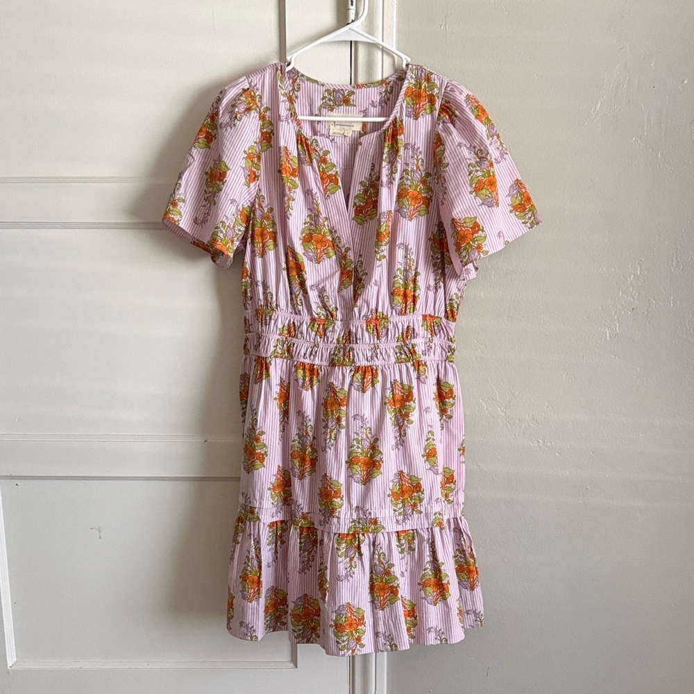 Anthropologie Lavender striped dress with orange & green floral print